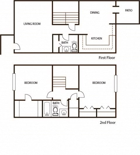 Floor plan for 2 beds, 1.5 baths, 1150 sqft